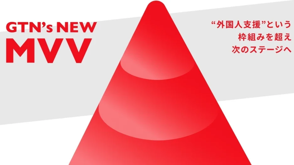 赤い段々の円錐形のグラフィックに「GTN's NEW MVV」「「外国人支援」という枠組みを超え 次のステージへ」の文字が重なっている